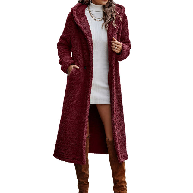 Burgundy Open Front Long Sleeve Hooded Fleece Coat TQK280217-23