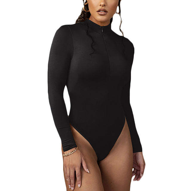 Black Zipper-up High Neck Long Sleeve Bodysuit TQK550264-2