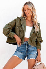 Green Large Pockets Hooded Cropped Denim Jacket LC788165-9