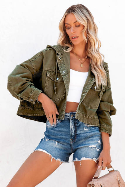 Green Large Pockets Hooded Cropped Denim Jacket LC788165-9