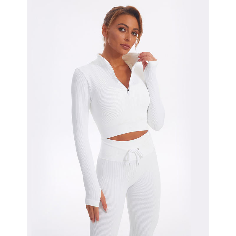 White Seamless Stand Collar Jacket with Pant Yoga Set TQK710415-1