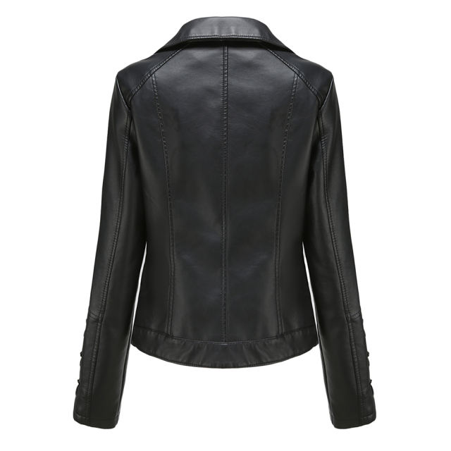 Black Zipper &amp; Bandage PU Leather Jacket TQK280142-2