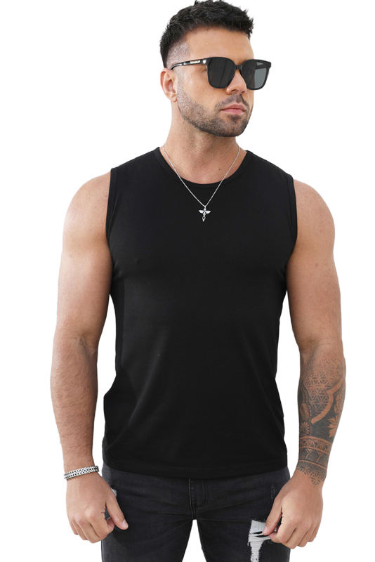 Black Solid O Neck Slim-fit Men\'s Tank Top MC256181-2