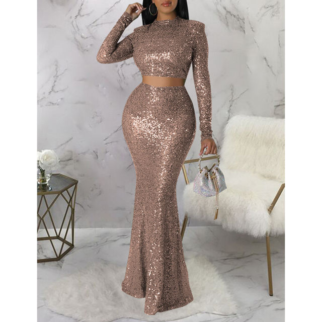 Champagne Sequined Crop Top with Fishtail Skirt Set TQV810034-53