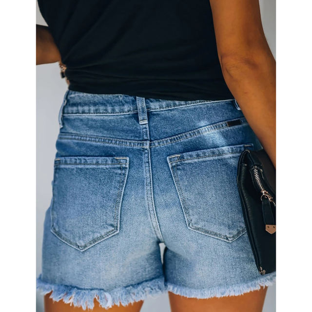Blue Leisure Ripped Jean Shorts TQK530083-5