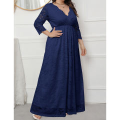 Navy Blue V-Neck Lace Plus Size Dress TQK310997-34