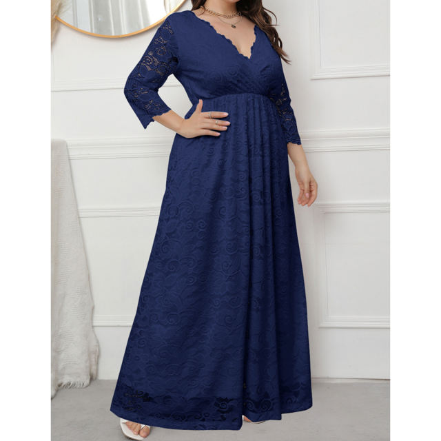 Navy Blue V-Neck Lace Plus Size Dress TQK310997-34