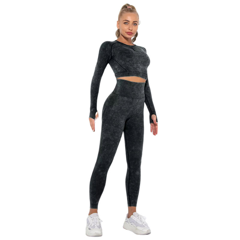 Black Nylon Seamless Long Sleeve Pant Yoga Set TQE91361-2