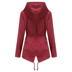 Wine Red Waist Drawstring Hooded Outdoor Rainproof Coat TQK280126-23