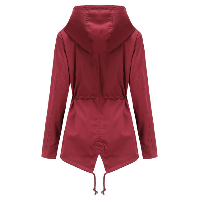 Wine Red Waist Drawstring Hooded Outdoor Rainproof Coat TQK280126-23