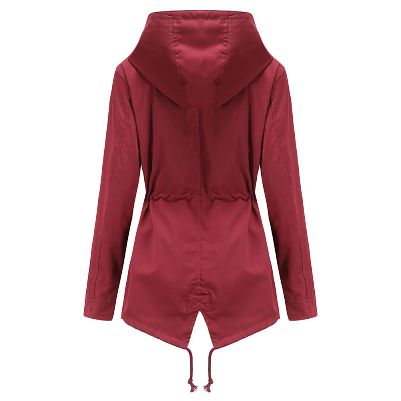 Wine Red Waist Drawstring Hooded Outdoor Rainproof Coat TQK280126-23