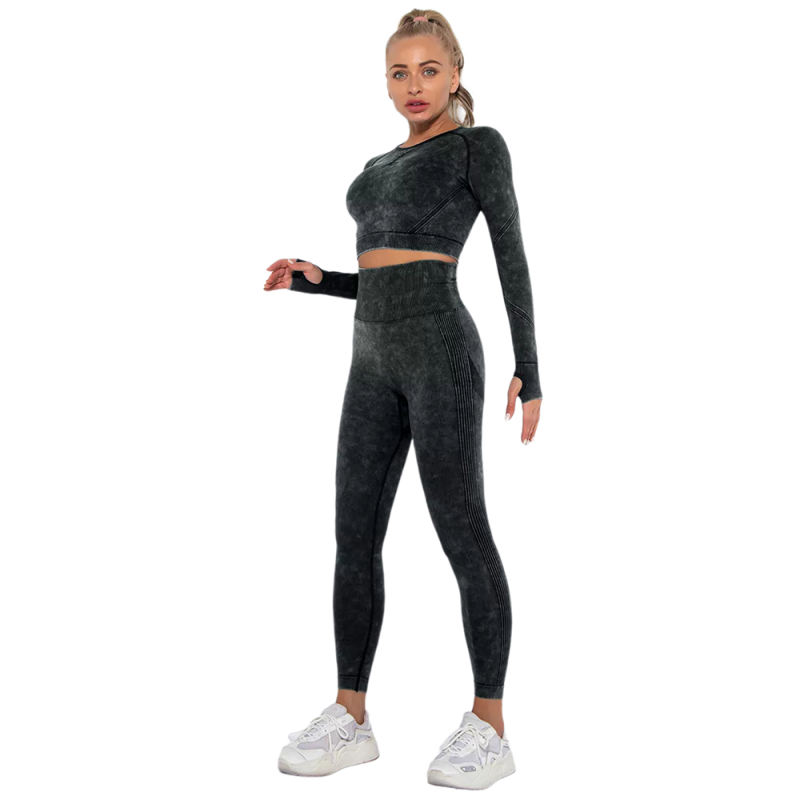 Black Nylon Seamless Long Sleeve Pant Yoga Set TQE91361-2
