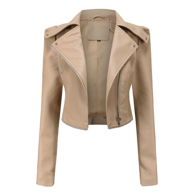 Apricot Removable Hem Leather PU Leather Jacket TQK280125-15