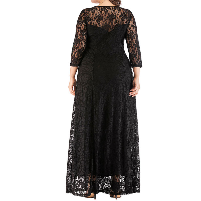 Black 3/4 Sleeve Crew Neck Lace Plus Size Dress TQK310977-2