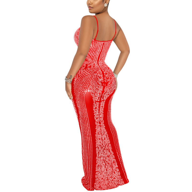 Red Rhinestone See Through Long Maxi Dress TQK310858-3