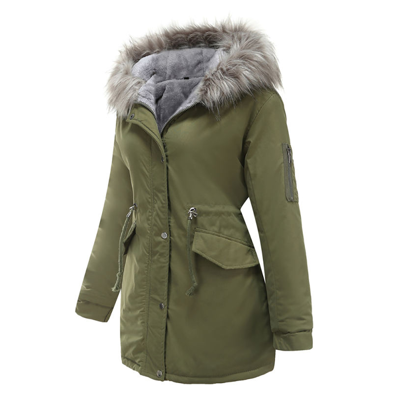 Army Green Fur Collar Drawstring Waist Warm Hooded Parka Coat TQK280130-27