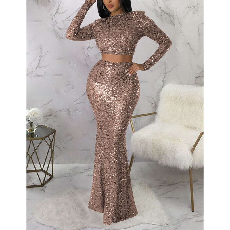 Champagne Sequined Crop Top with Fishtail Skirt Set TQV810034-53