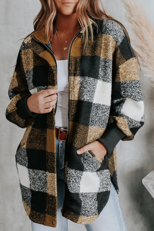 Black Zipper Side Pockets Plaid Overcoat LC859014-2