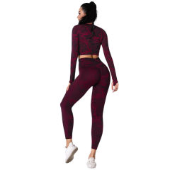 Wine Red Camo Knit Seamless Long Sleeve Pant Yoga Set TQE91362-103