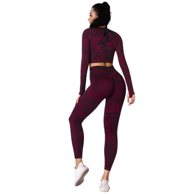Wine Red Camo Knit Seamless Long Sleeve Pant Yoga Set TQE91362-103