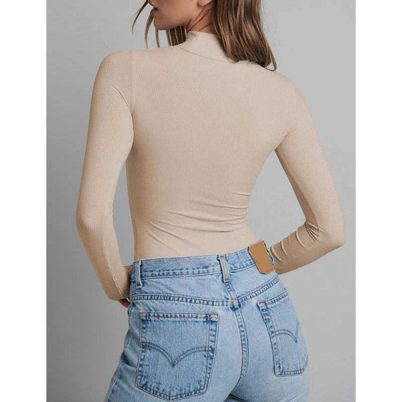 Apricot Asymetrical Cut-out Long Sleeve Bodysuit TQV220111-18