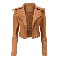Camel Removable Hem Leather PU Leather Jacket TQK280125-58