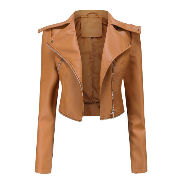 Camel Removable Hem Leather PU Leather Jacket TQK280125-58