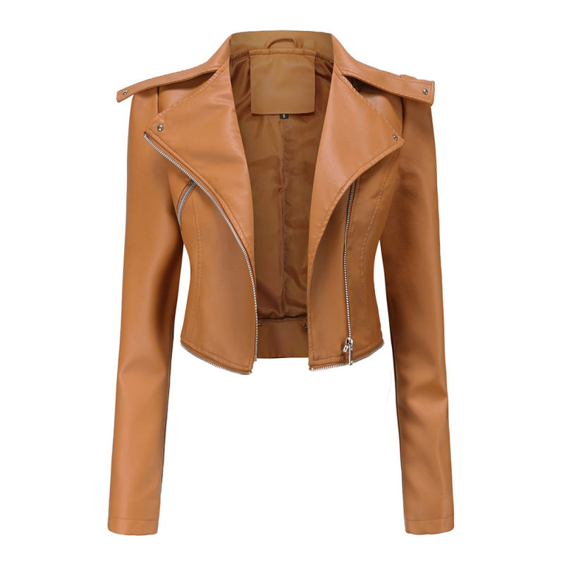 Camel Removable Hem Leather PU Leather Jacket TQK280125-58
