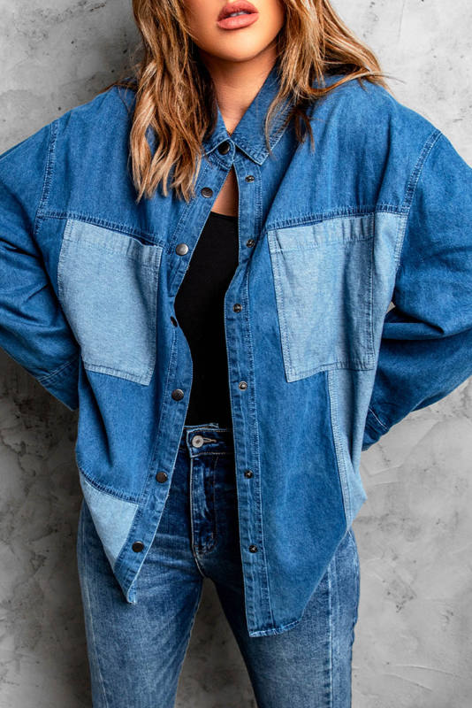 Blue Color Block Buttoned Denim Jacket LC858007-5