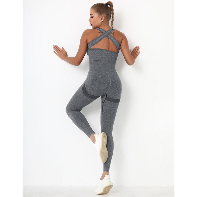 Dark Gray Back-Criss Seamless Yoga One Piece Jumpsuit TQE91567-23