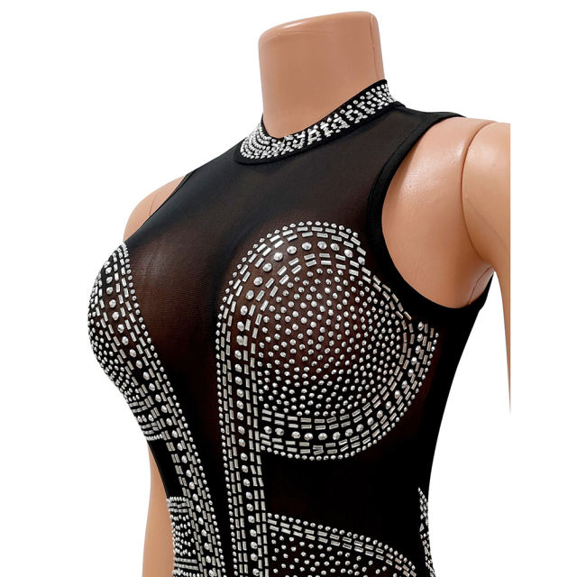 Black Rhinestones Mesh Stand Neck Party Dress  TQK311258-2