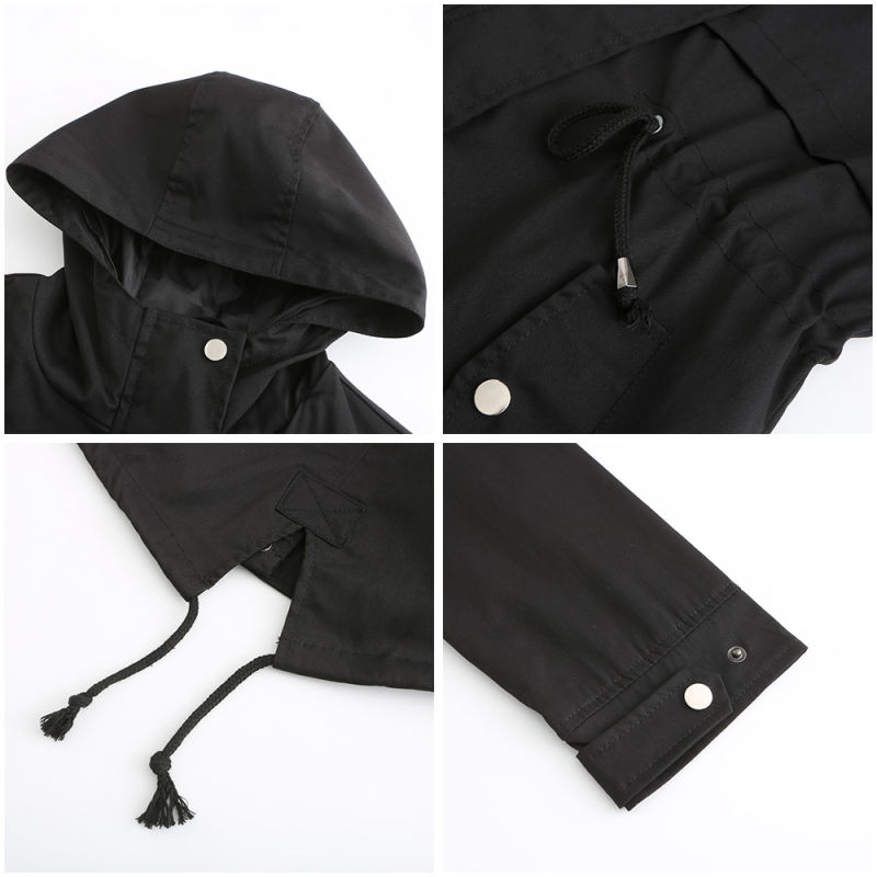 Black Waist Drawstring Hooded Outdoor Rainproof Coat TQK280126-2