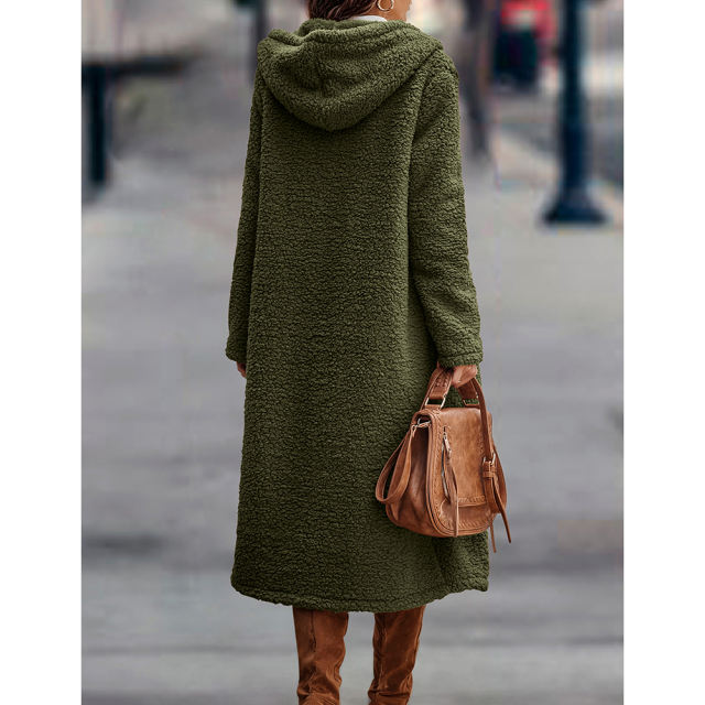 Army Green Open Front Long Sleeve Hooded Fleece Coat TQK280217-27