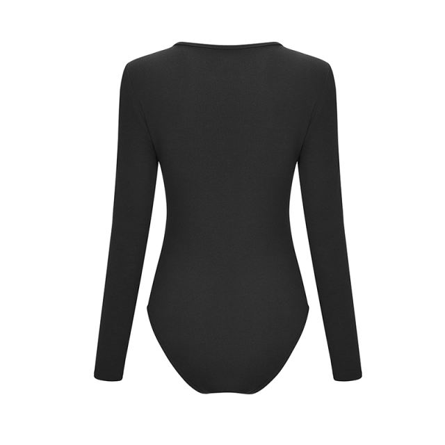Black V Neck Long Sleeve Bodysuit TQK550147-2