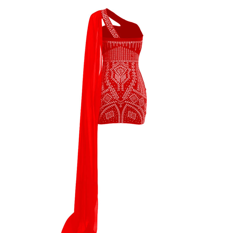 Red Rhinestones One-shoulder Cap Sleeve Club Dress  TQK311296-3