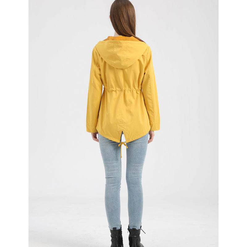 Yellow Waist Drawstring Hooded Outdoor Rainproof Coat TQK280126-7
