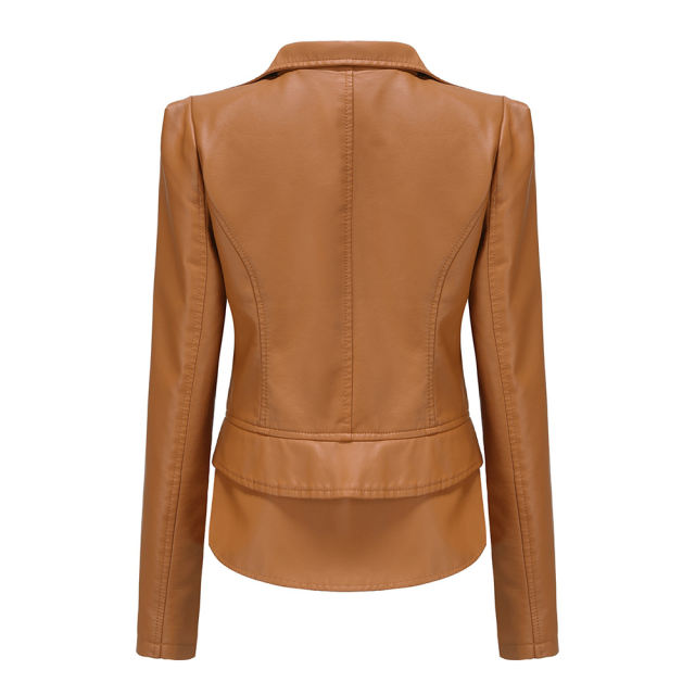 Camel Removable Hem Leather PU Leather Jacket TQK280125-58