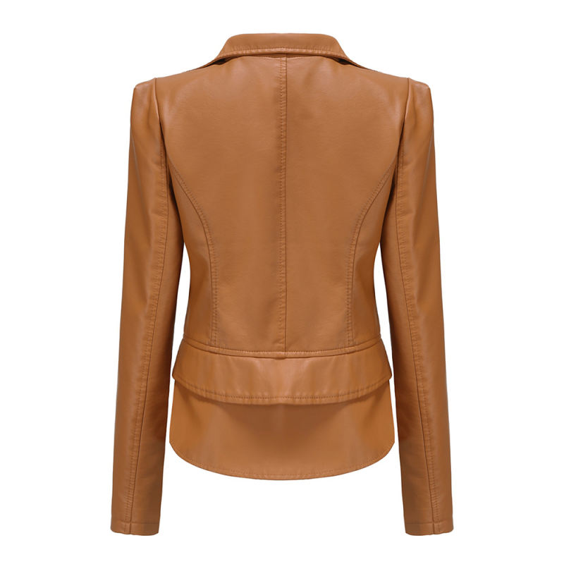 Camel Removable Hem Leather PU Leather Jacket TQK280125-58