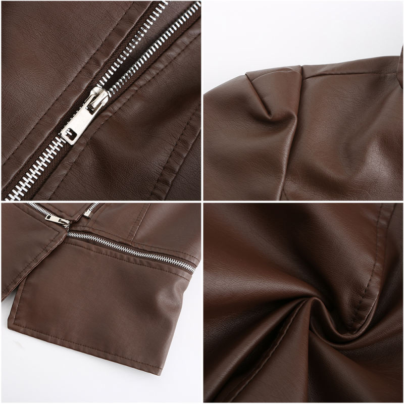 Coffee Removable Hem Leather PU Leather Jacket TQK280125-15