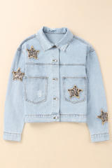 Sky Blue Leopard Star Distressed Cropped Denim Jacket LC788175-4