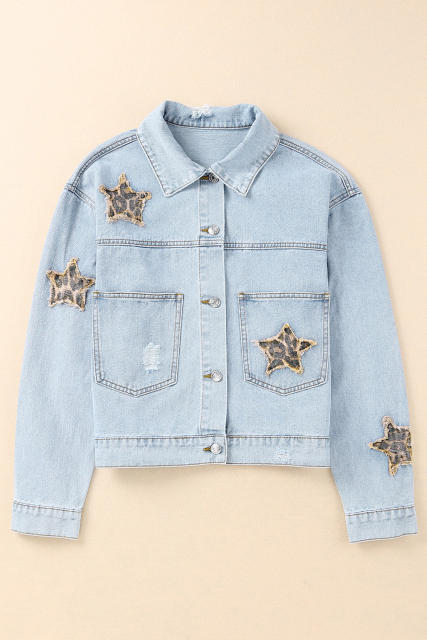 Sky Blue Leopard Star Distressed Cropped Denim Jacket LC788175-4