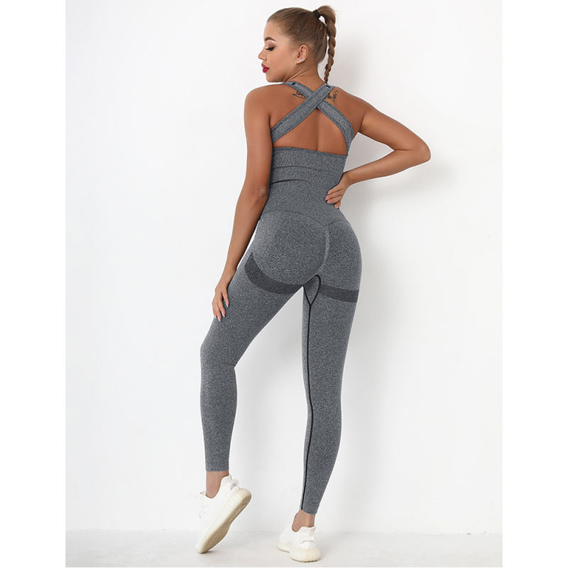 Dark Gray Back-Criss Seamless Yoga One Piece Jumpsuit TQE91567-23