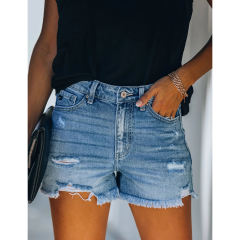 Blue Leisure Ripped Jean Shorts TQK530083-5