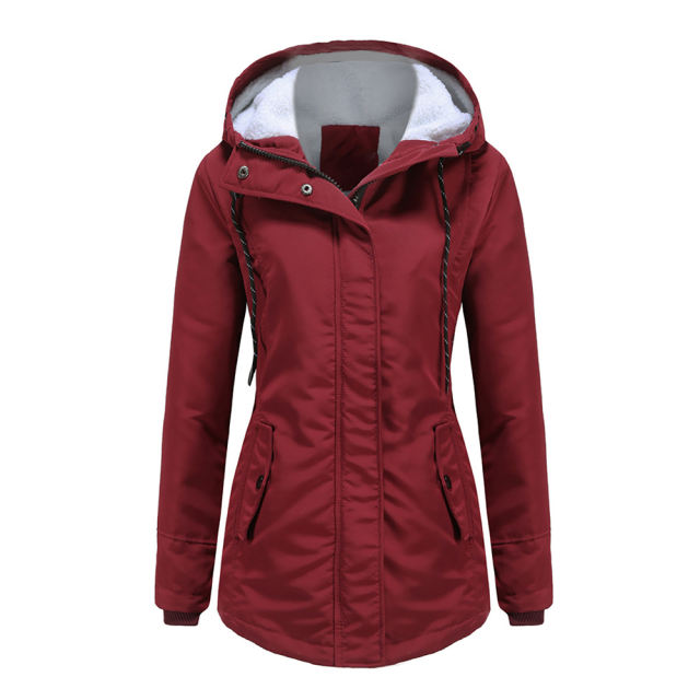 Wine Red Plush Warm Hooded Parka Coat TQK280128-23
