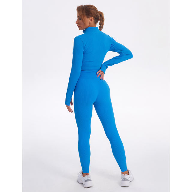 Blue Seamless Stand Collar Jacket with Pant Yoga Set TQK710415-5