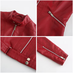 Wine Red PU Stand Collar Short Leather Jacket TQK280124-23