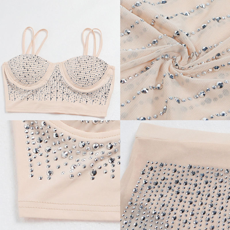Apricot Rhinestone Studded Bra with Skirt Set TQK710459-18