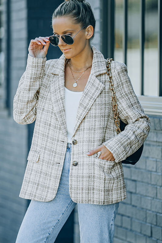 White Pockets Lapel Collar Plaid Blazer LC852357-1