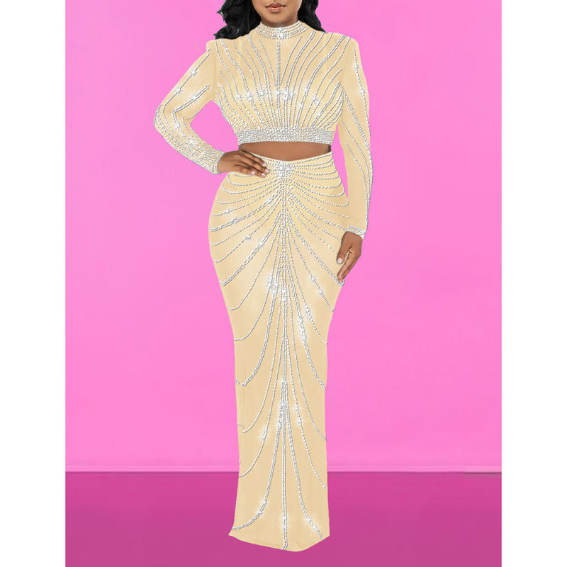 Apricot Rhinestones Long Sleeve Crop with Maxi Skirt Set TQV810029-18