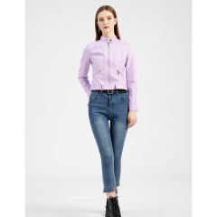 Light Purple PU Stand Collar Short Leather Jacket TQK280124-38
